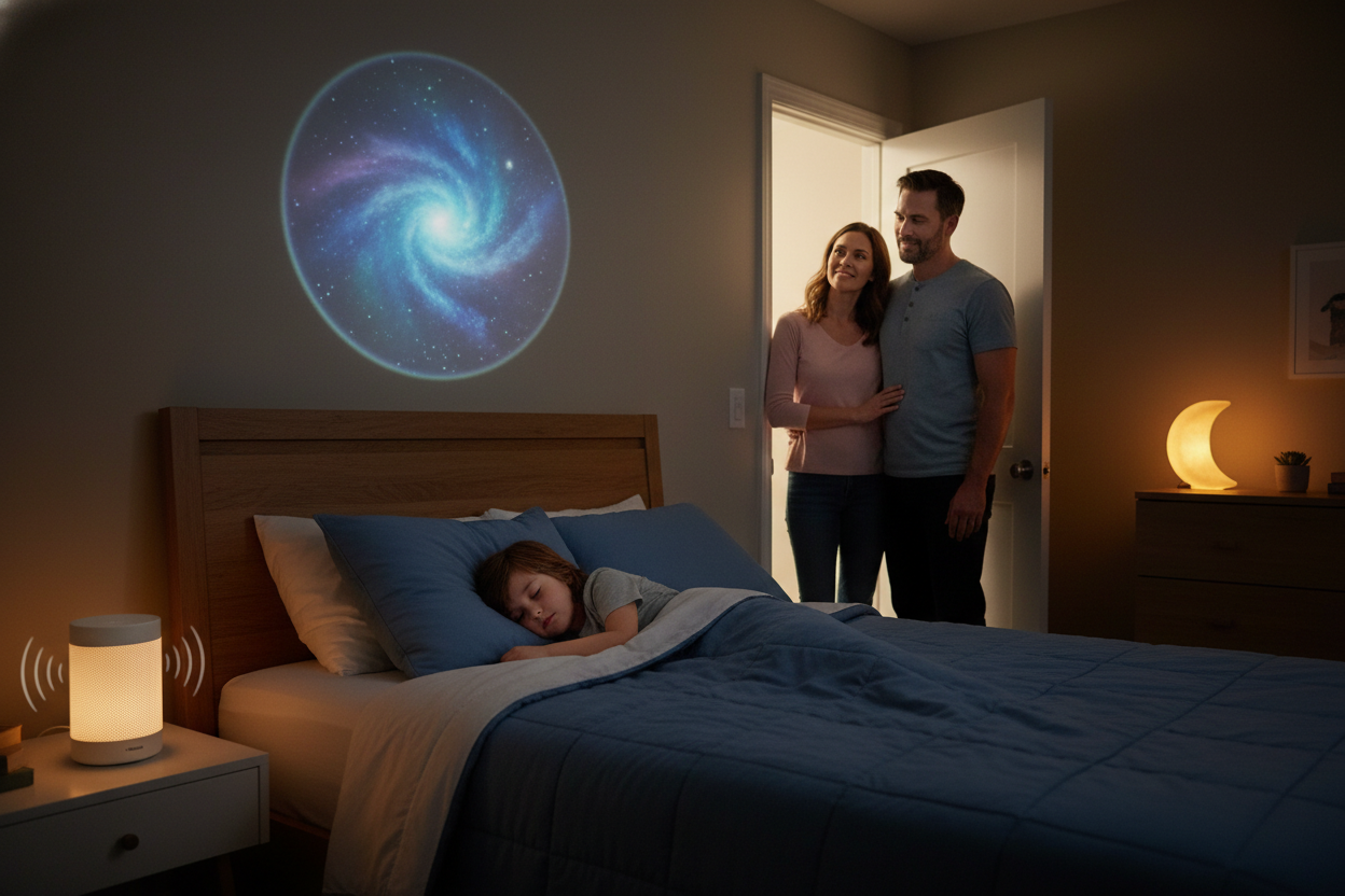 A kid laying in bed with a projected image on the wall and soothing sounds next to him sleeping kalm, mom and dad stand by the door , they seem relieved that the kid is resting well