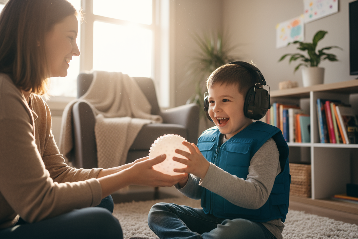 een foto van een mama dat een sensorisch product aan haar kind geeft , het kind heeft een drukvest aan en een hoofdtelefoon op en is blij. 