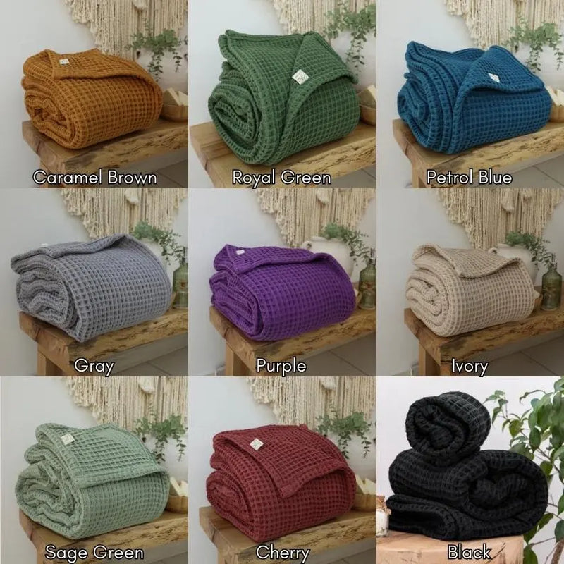 Royal Green Organic Cotton Waffle Bed Cover: Turkish Blanket