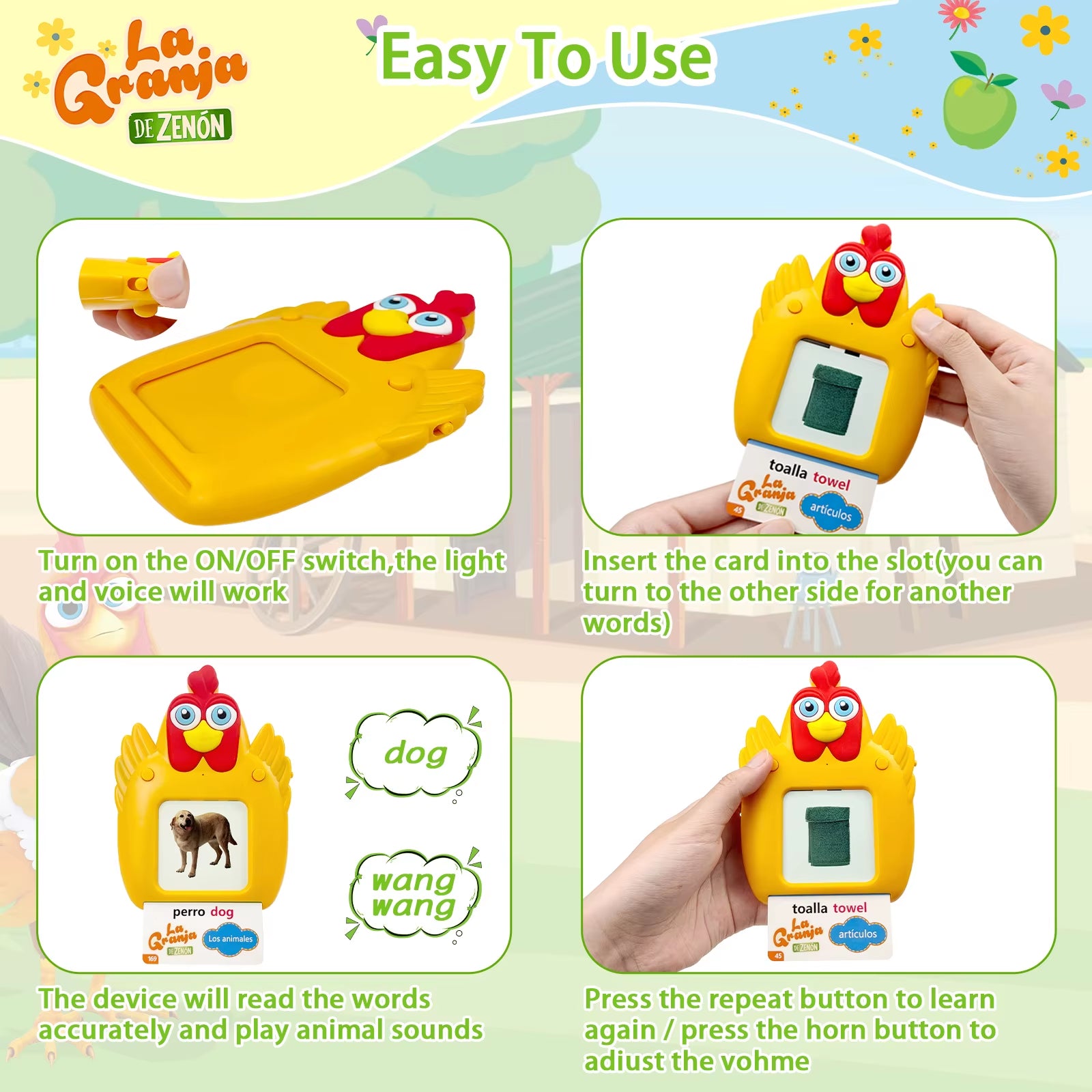 La Granja De Zenon Bartolito Talking English & Spanish Flash Cards Speech Therapy Toys for Toddlers 224 Sight Words Autism Toys