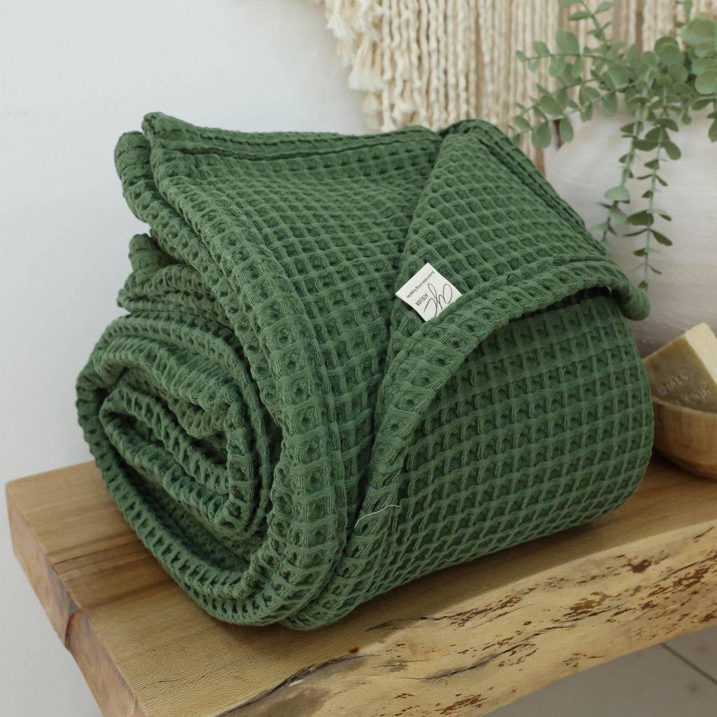 Royal Green Organic Cotton Waffle Bed Cover: Turkish Blanket